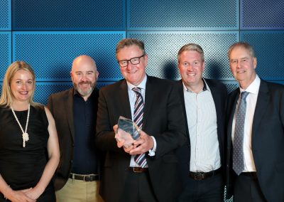 Hugh Martin, ABC, (middle) accepts the Media Outlet of the Year - sponsored by CBRE Agribusiness - on behalf of ABC Central Victoria, alongside CBRE Agribusiness representatives Alannah Halloran, Matt Childs, James Auty and Shane Mcintyre.