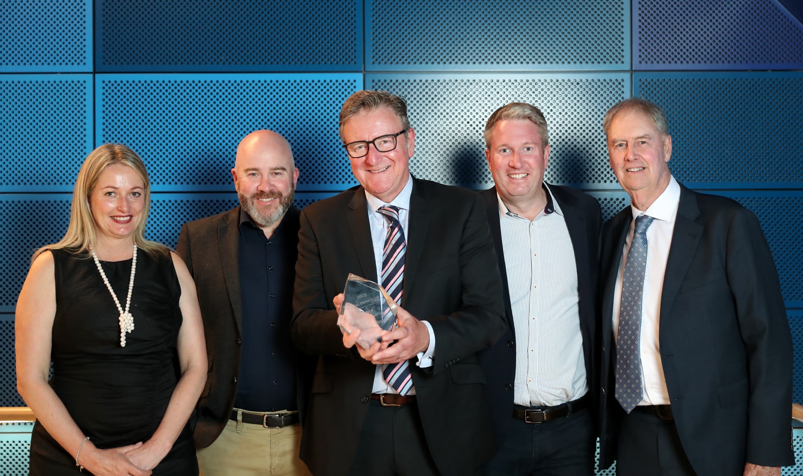 Hugh Martin, ABC, (middle) accepts the Media Outlet of the Year - sponsored by CBRE Agribusiness - on behalf of ABC Central Victoria, alongside CBRE Agribusiness representatives Alannah Halloran, Matt Childs, James Auty and Shane Mcintyre.